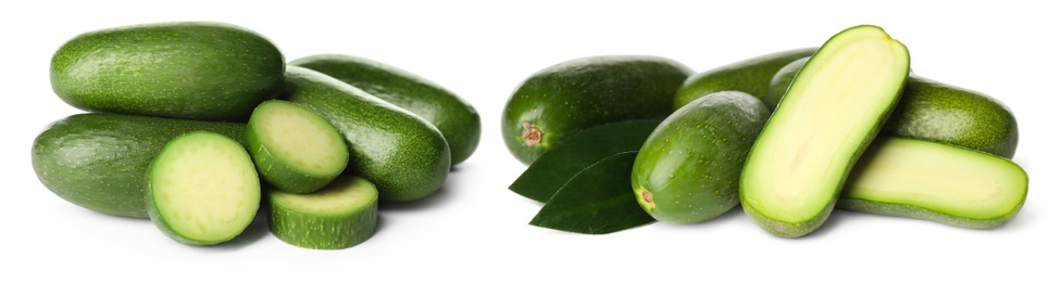 Fresh seedless avocados on white background. Banner design