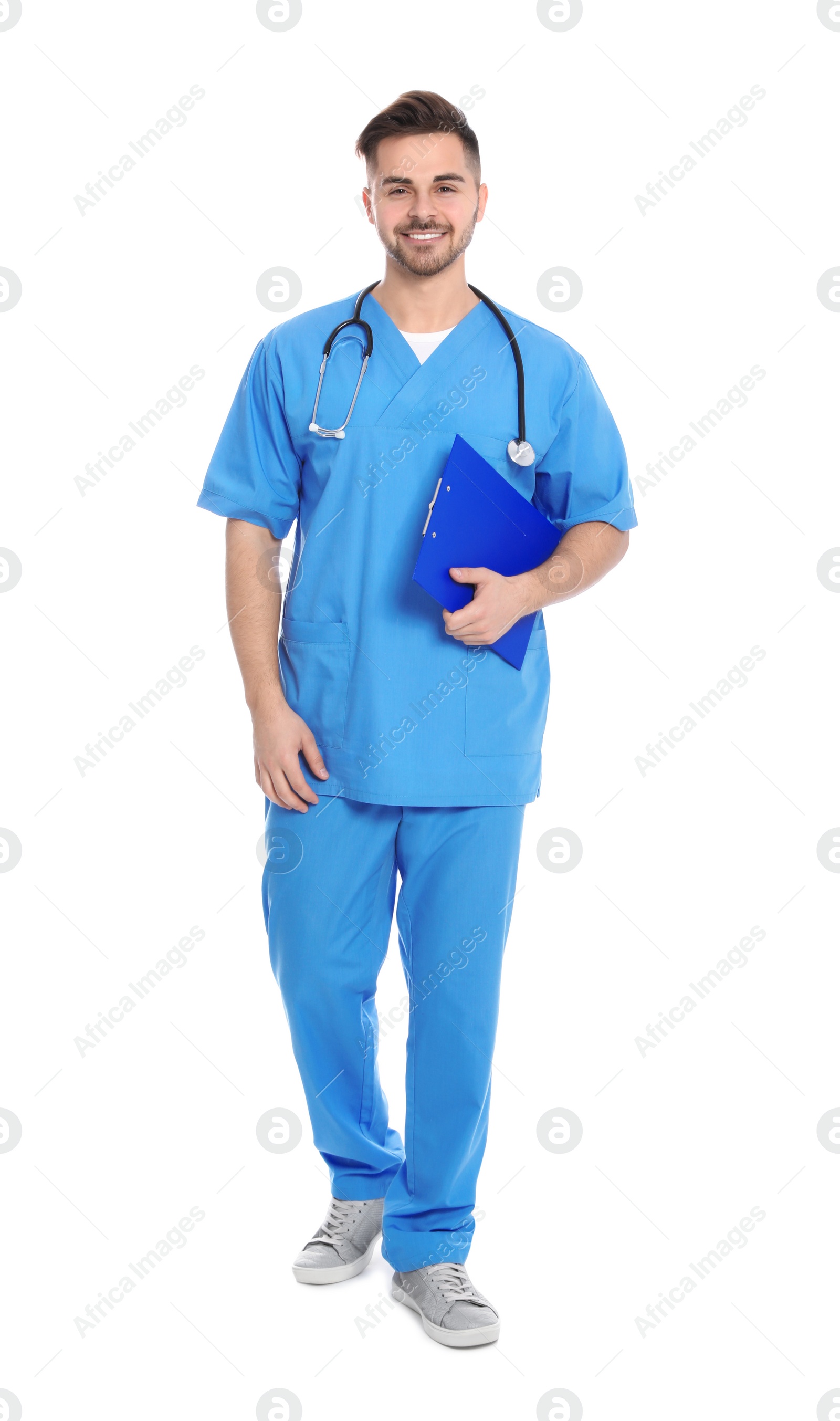 Photo of Full length portrait of medical doctor with clipboard and stethoscope isolated on white