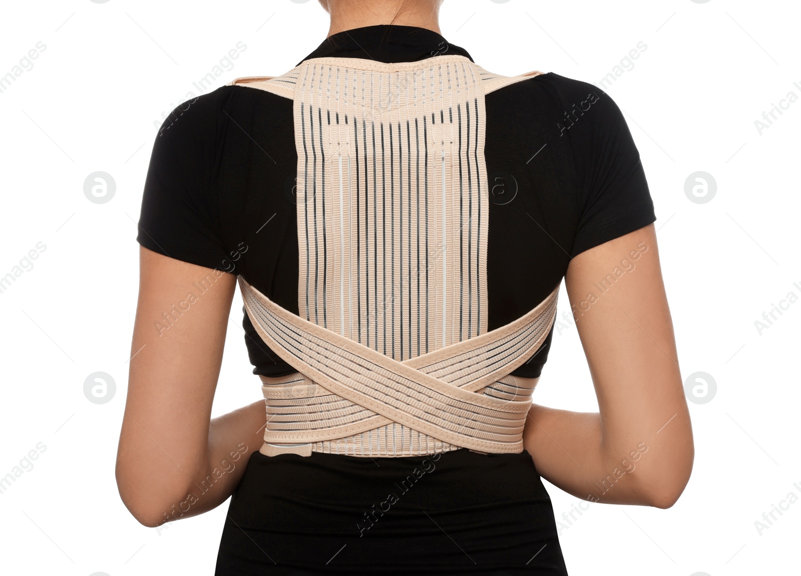 Photo of Closeup of woman with orthopedic corset on white background, back view