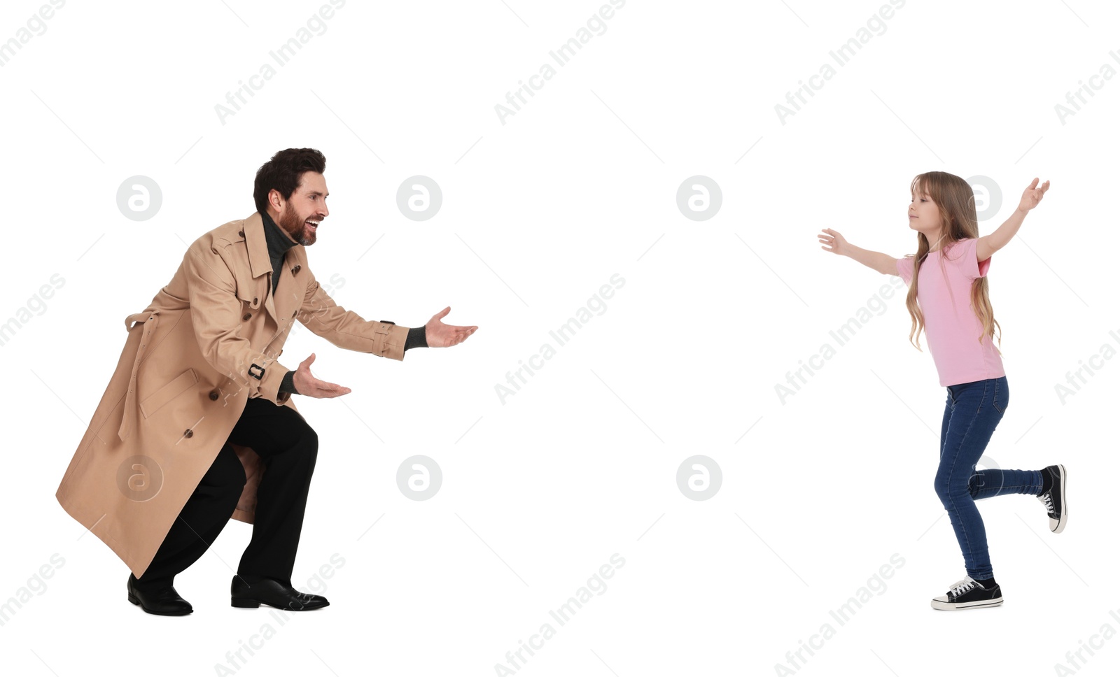 Image of Happy girl running towards her father on white background