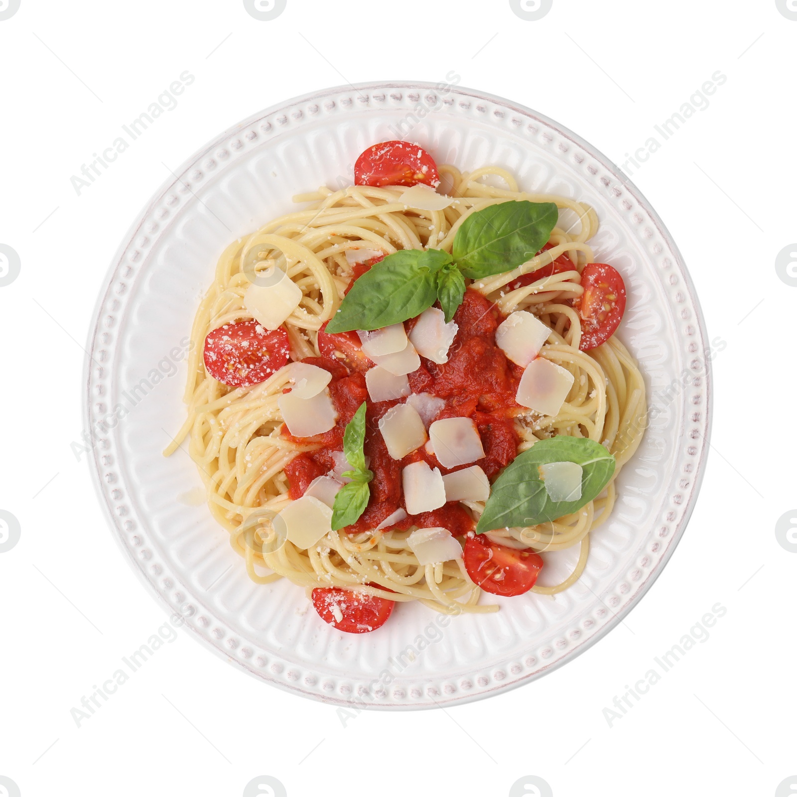 Photo of Tasty pasta with tomato sauce, cheese and basil isolated on white, top view