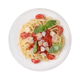 Tasty pasta with tomato sauce, cheese and basil isolated on white, top view