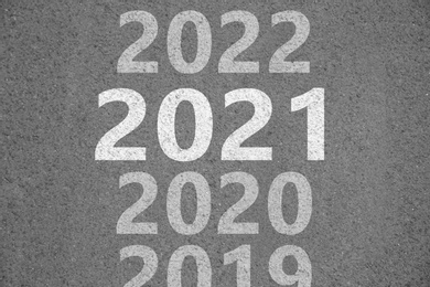 Image of Start new year with fresh vision and ideas. 2021 numbers bigger than others on asphalt road 