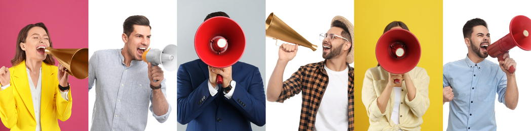 Collage of people with megaphones on color backgrounds. Banner design 