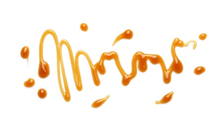 Photo of Delicious caramel sauce on white background