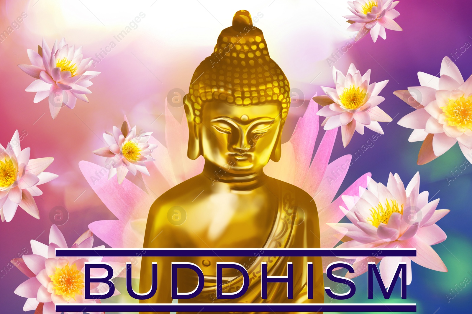 Image of Buddhism. Golden Buddha figure surrounded by lotus flowers on bright background