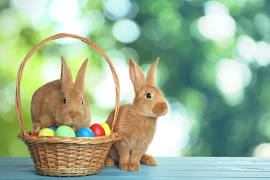 Adorable bunnies and wicker basket with Easter eggs on wooden surface outdoors, space for text