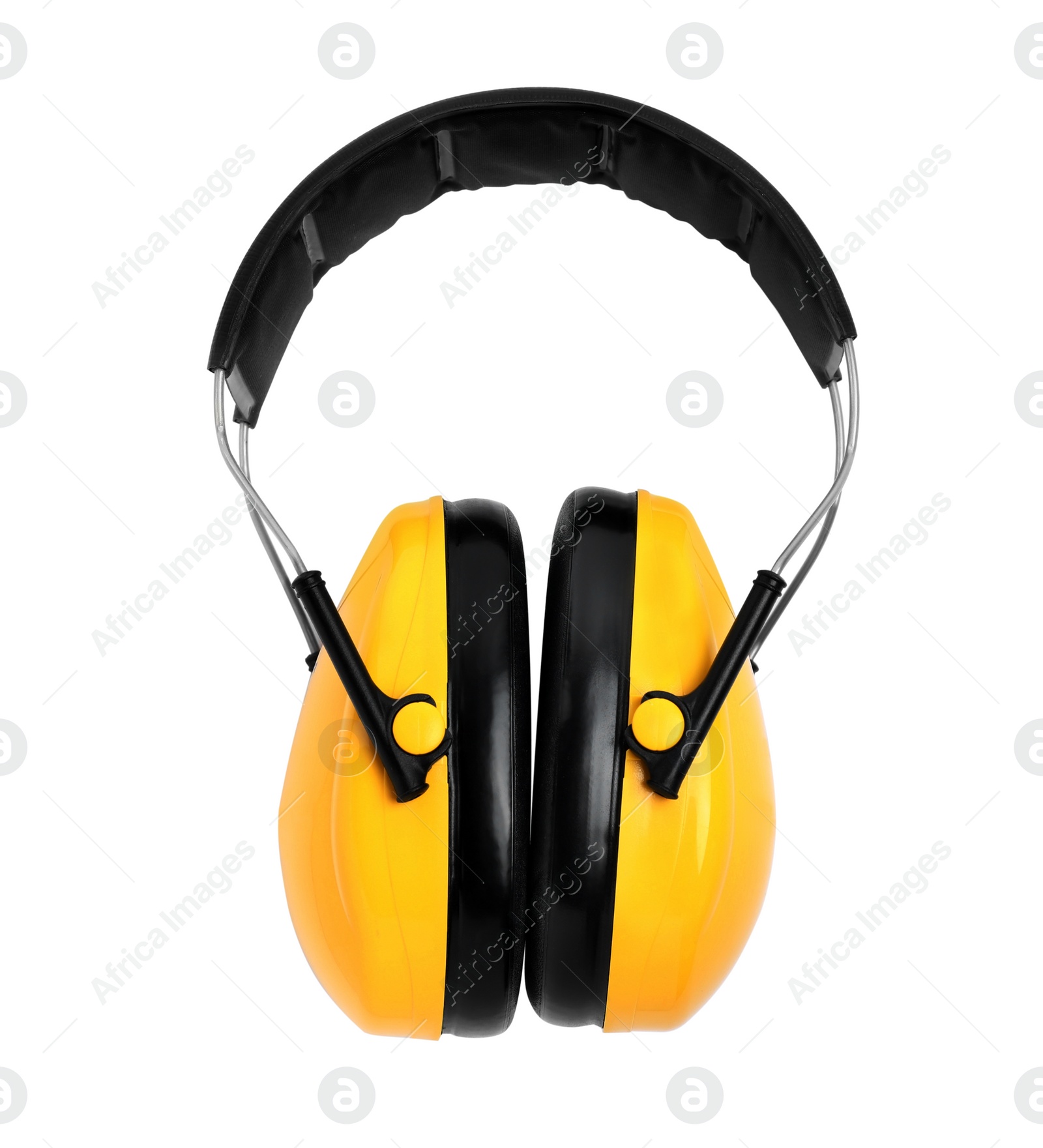 Photo of Protective headphones isolated on white, top view. Safety equipment