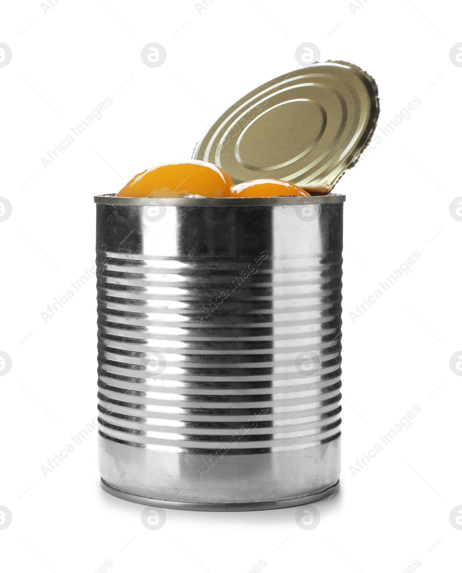 Photo of Tin can with conserved peach halves on white background