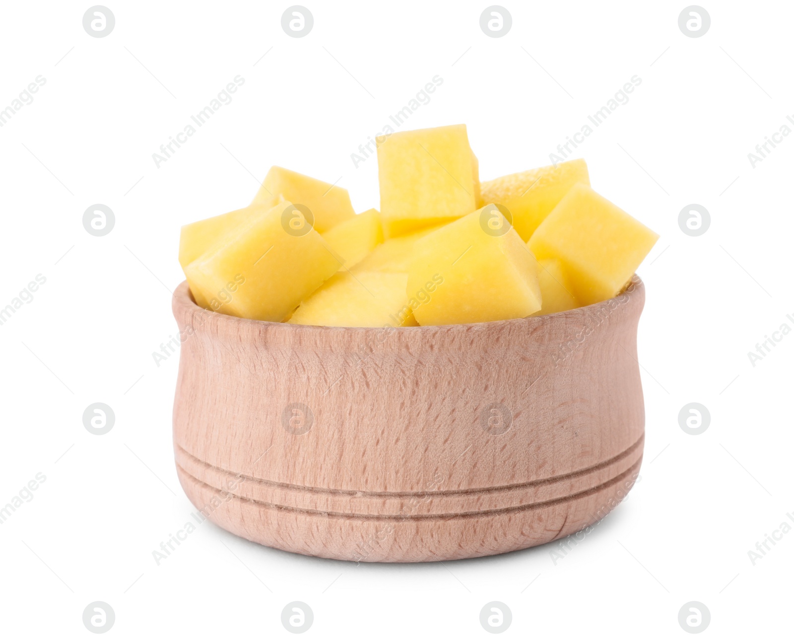 Photo of Tasty mango cubes in wooden bowl isolated on white