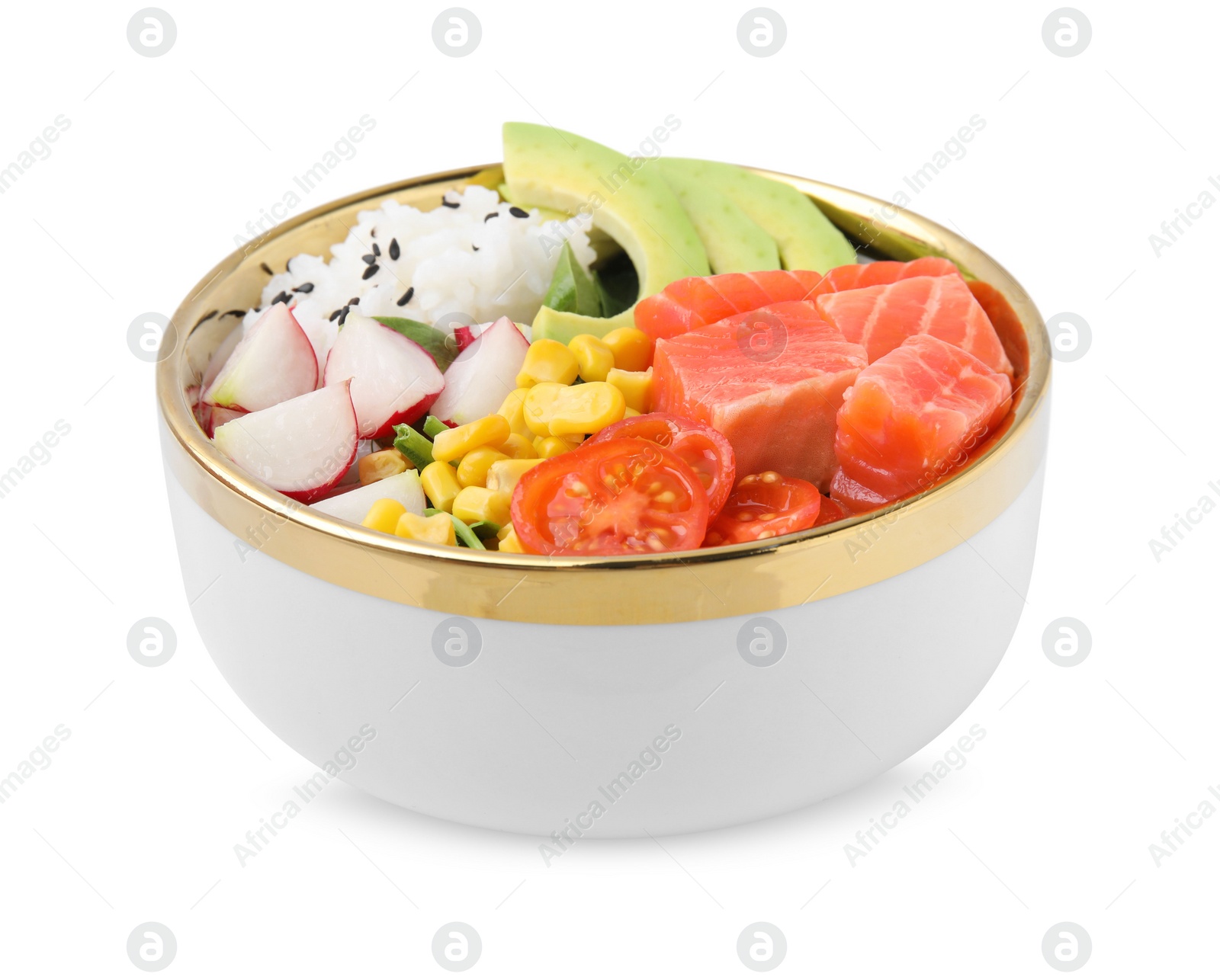 Photo of Delicious poke bowl with salmon, avocado and vegetables isolated on white
