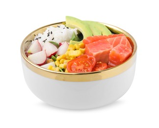 Delicious poke bowl with salmon, avocado and vegetables isolated on white