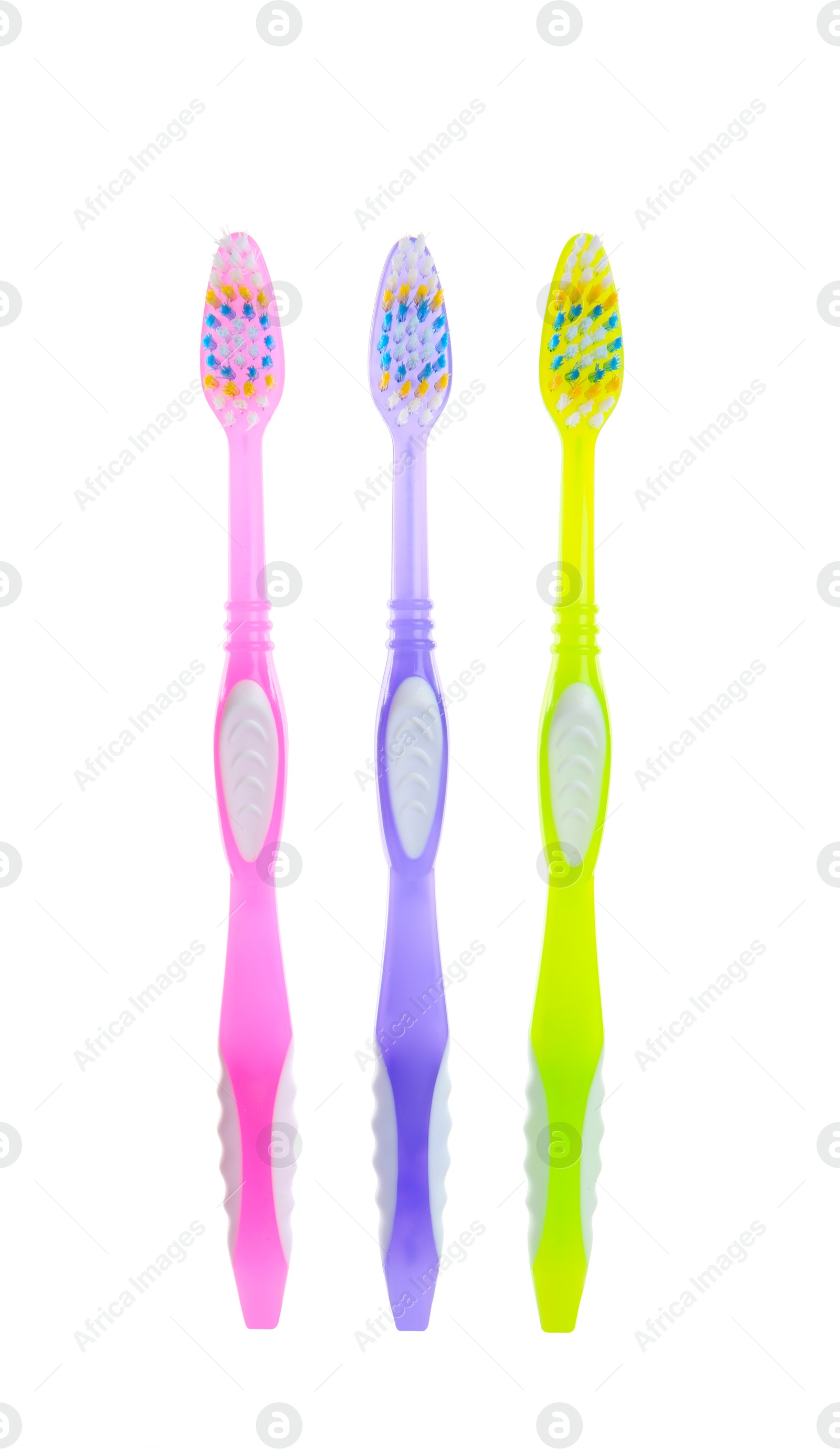 Photo of Manual toothbrushes on white background. Dental care