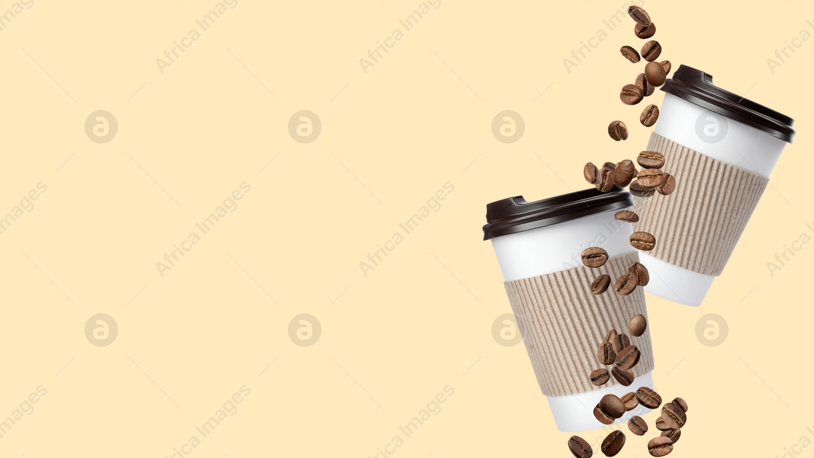 Image of Coffee to go, banner design. Paper cups and roasted beans flying on beige background, space for text