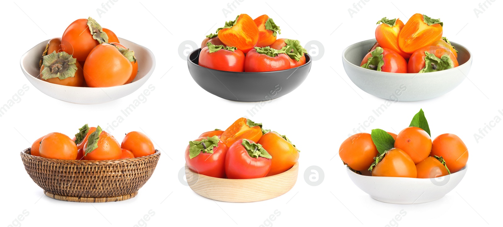 Image of Set of delicious fresh ripe persimmons on white background. Banner design