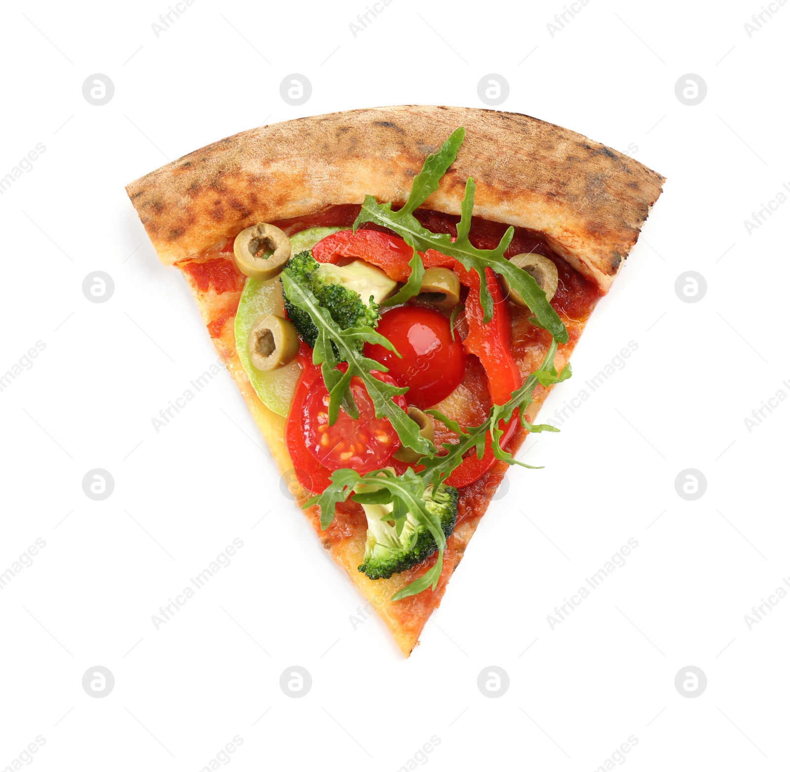 Photo of Slice of delicious pizza isolated on white, top view