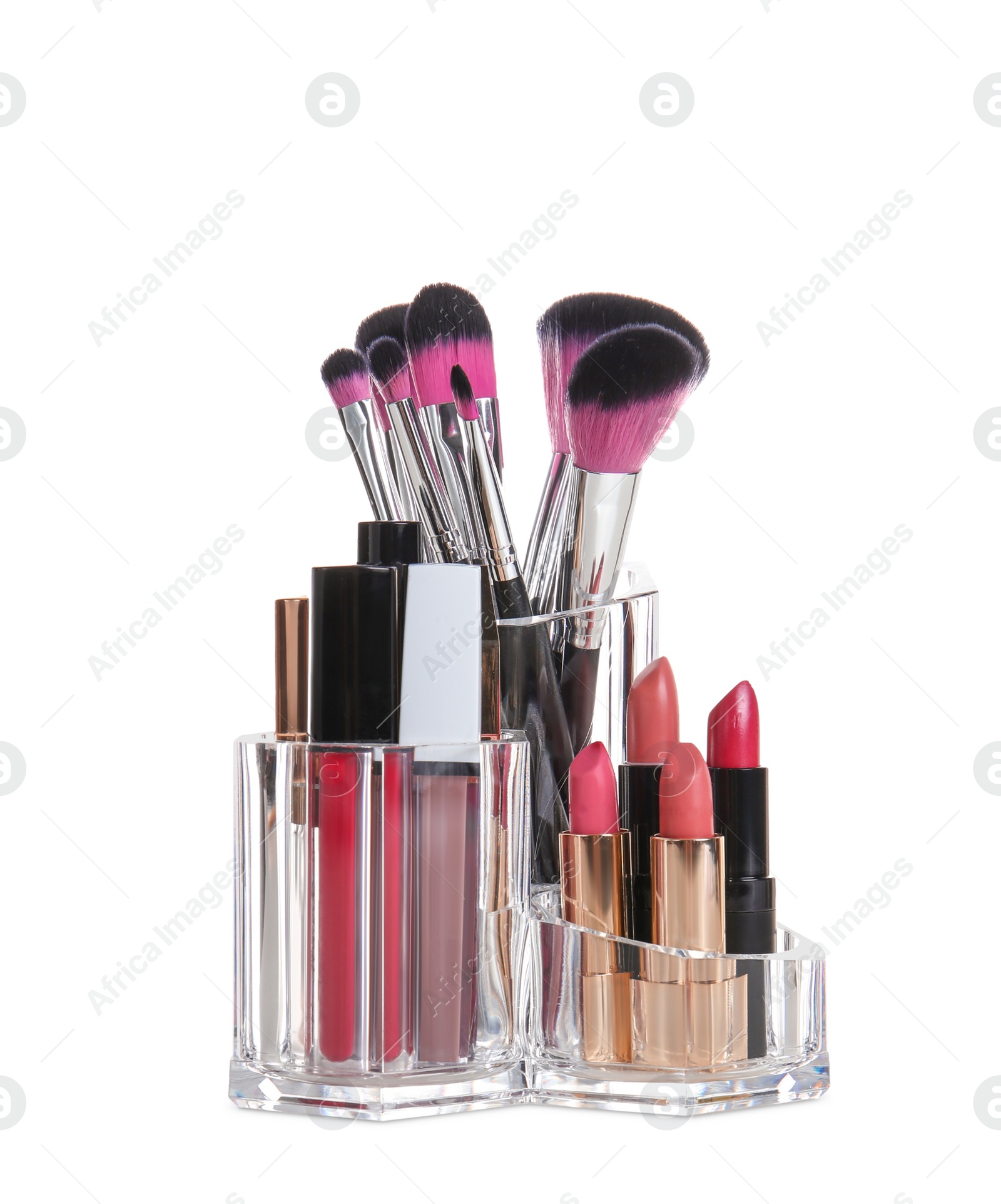 Photo of Set of makeup cosmetic products in organizer on white background