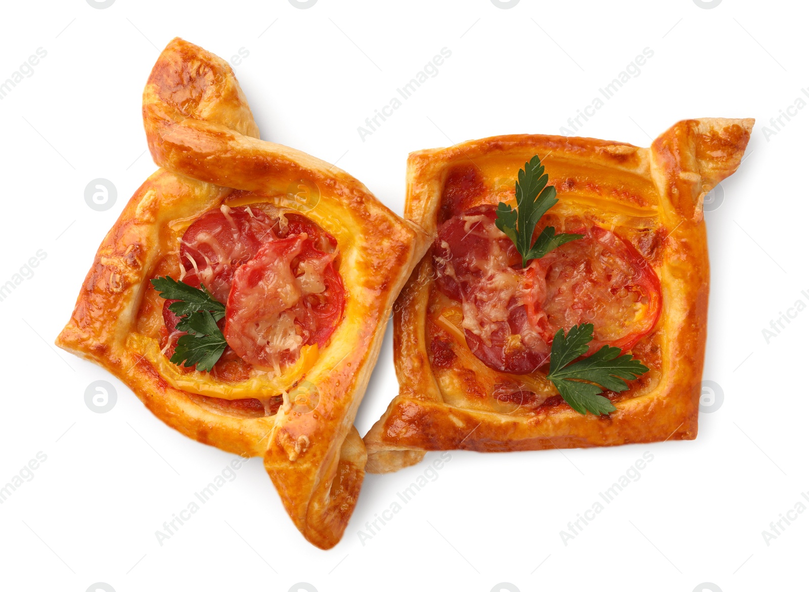 Photo of Fresh delicious puff pastry with cheese, tomatoes and parsley on white background, top view