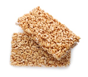 Puffed rice bars (kozinaki) on white background, top view