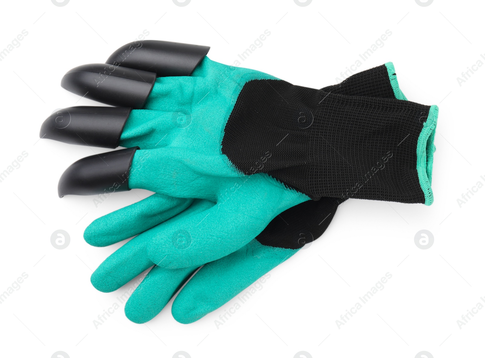 Photo of Pair of claw gardening gloves isolated on white, top view