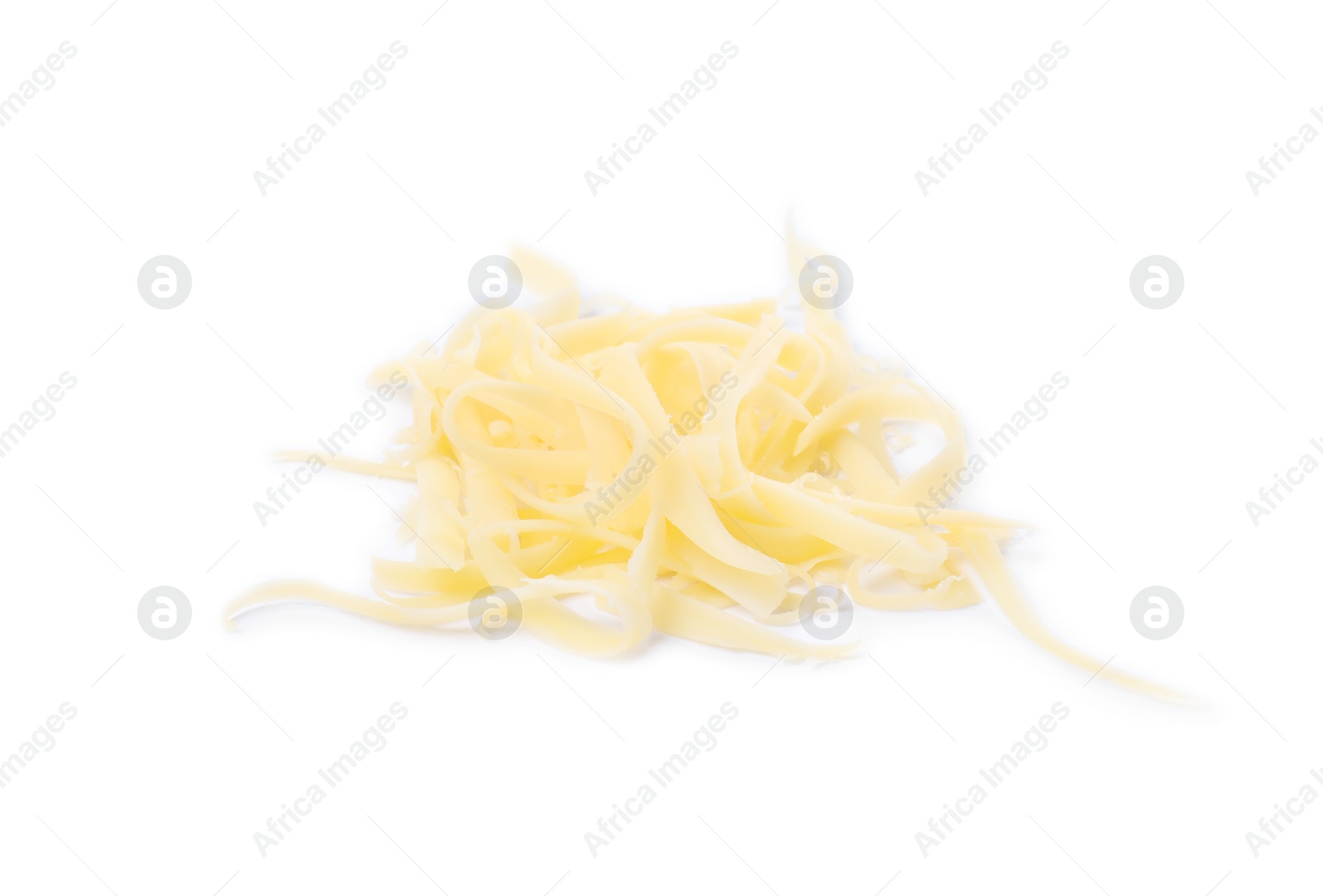 Photo of Pile of tasty grated cheese isolated on white