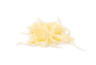 Photo of Pile of tasty grated cheese isolated on white