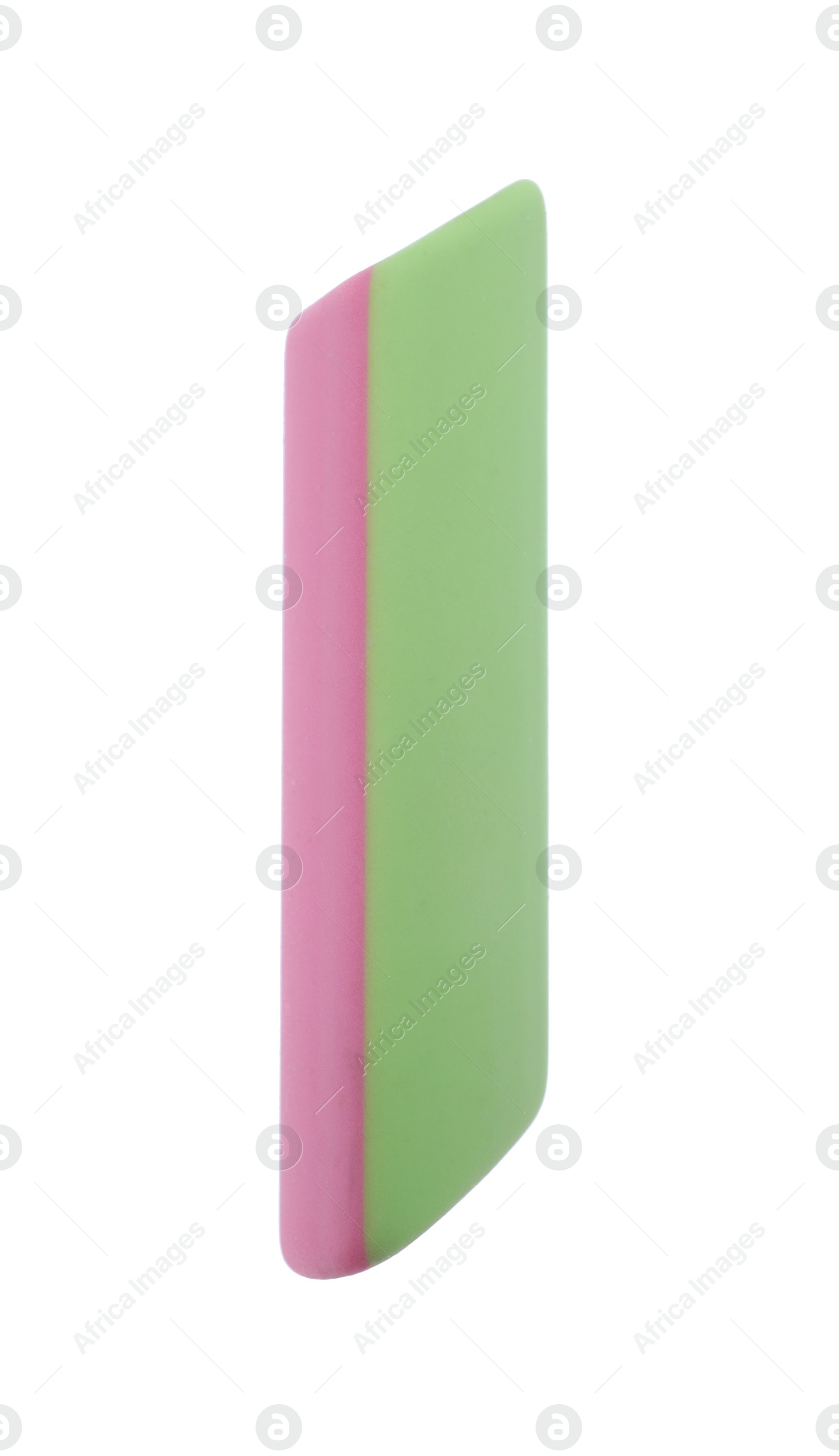 Photo of New eraser isolated on white, top view. School stationery