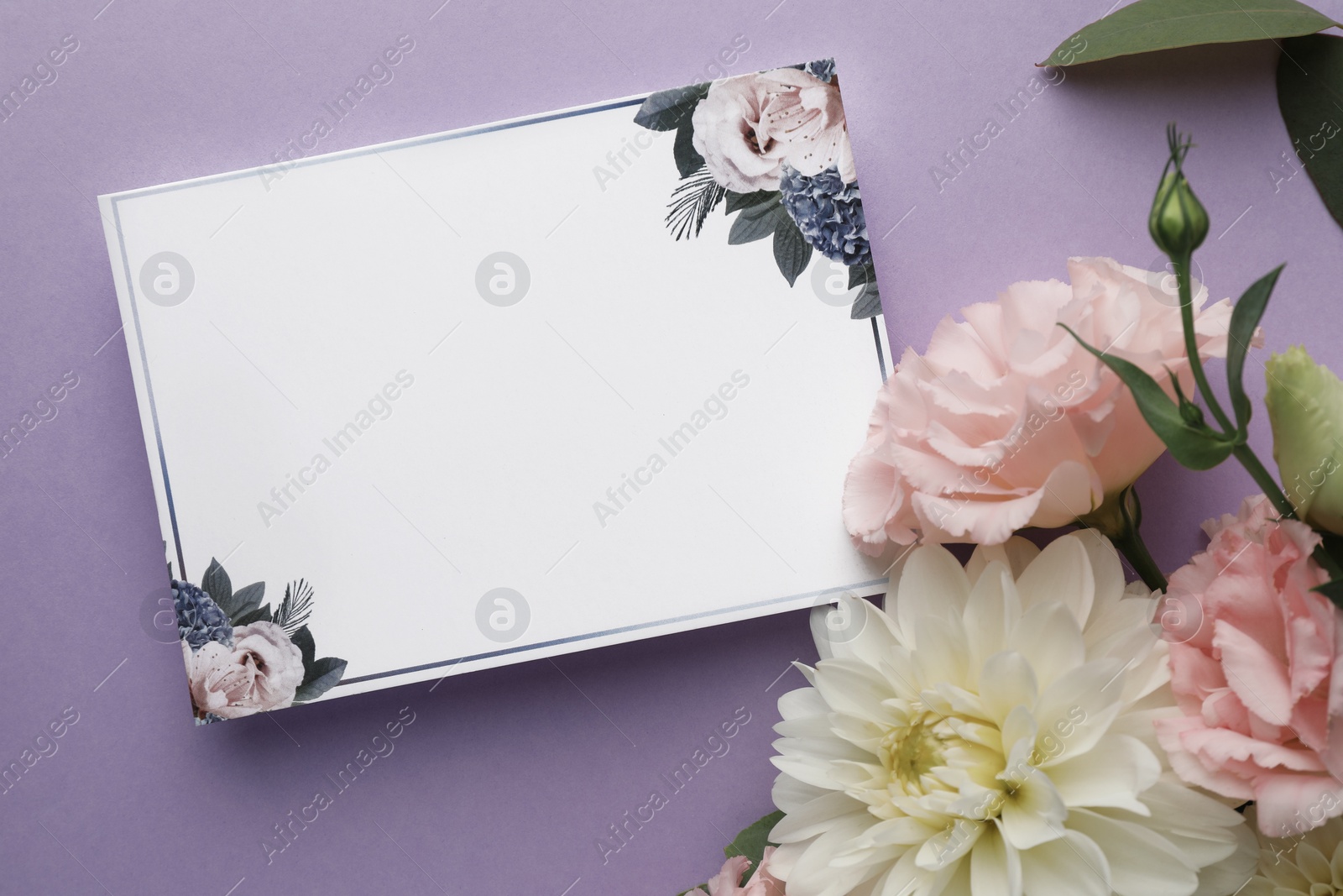 Photo of Blank invitation card and beautiful flowers on violet background, flat lay. Space for text