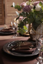 Photo of Elegant table setting with beautiful floral decor