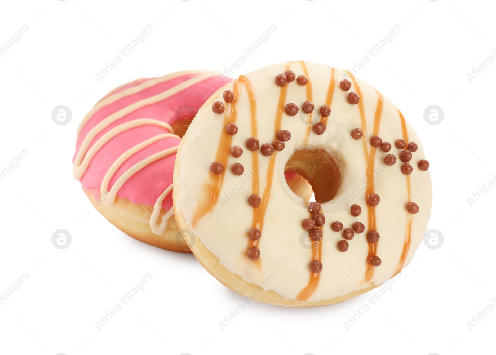 Photo of Sweet tasty glazed donuts on white background
