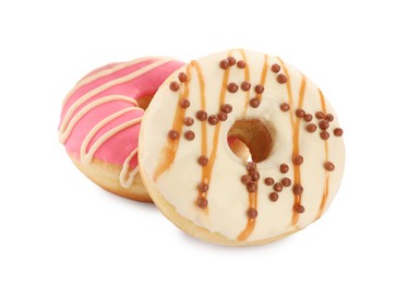 Sweet tasty glazed donuts on white background