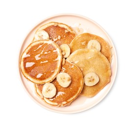 Photo of Tasty pancakes with sliced banana isolated on white, top view
