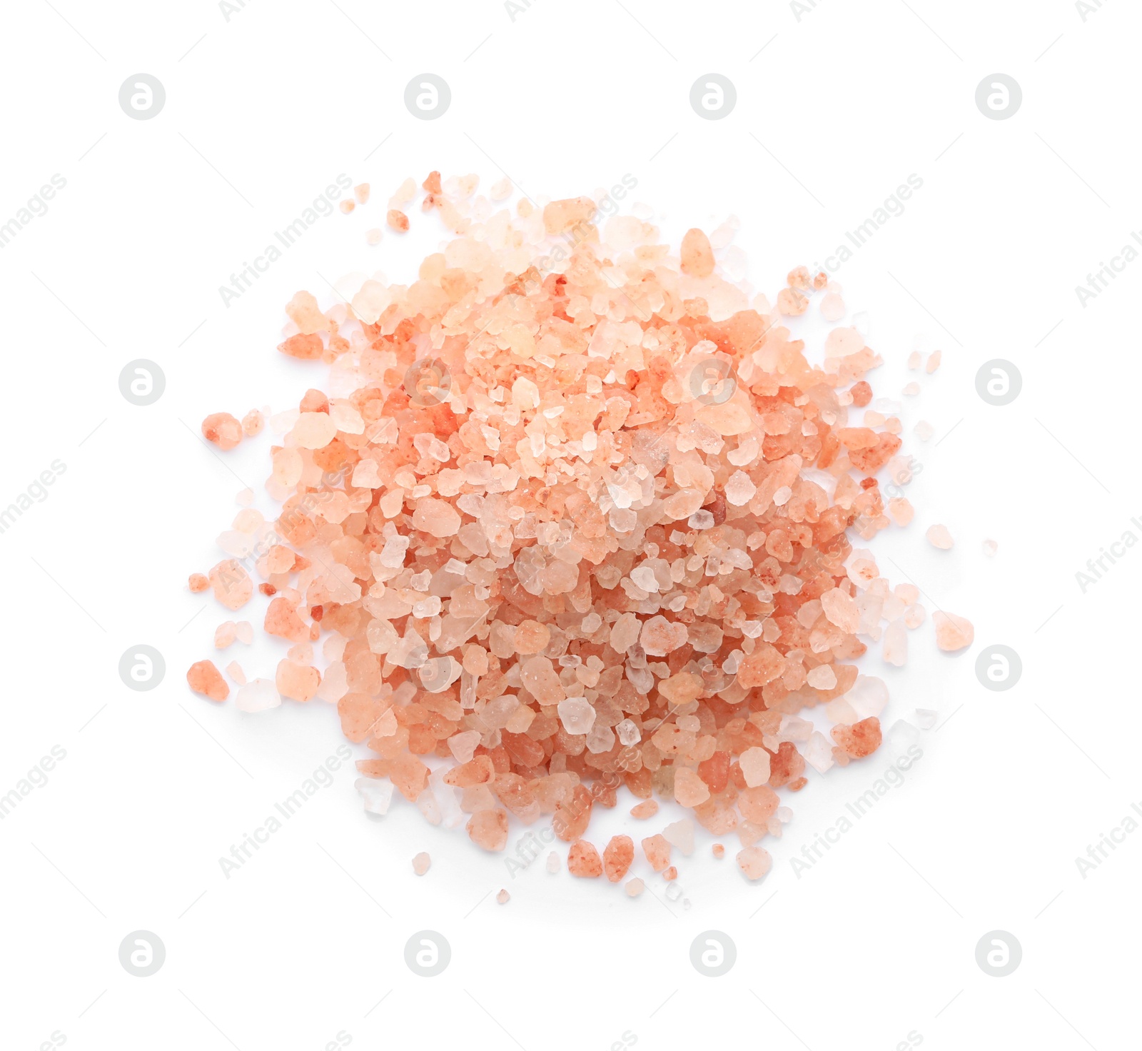 Photo of Pile of pink himalayan salt isolated on white, top  view