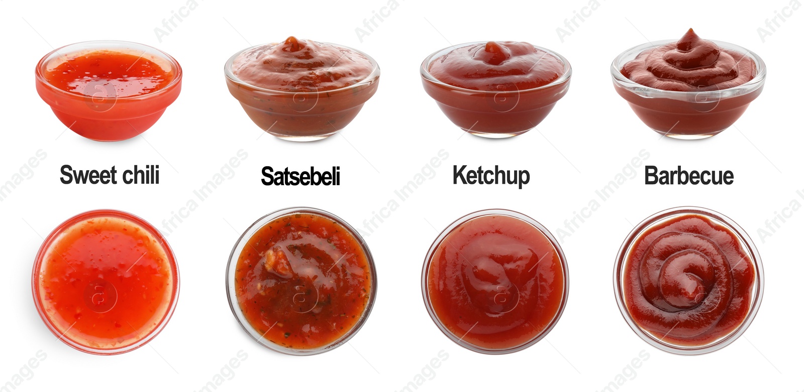 Image of Set of different sauces in bowls and names isolated on white, top and side views