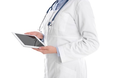 Photo of Female doctor holding modern tablet on white background, closeup