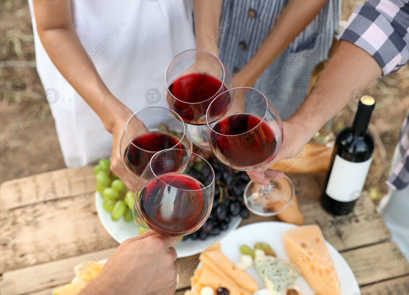 Photo of Friends holding glasses of wine over picnic table at vineyard