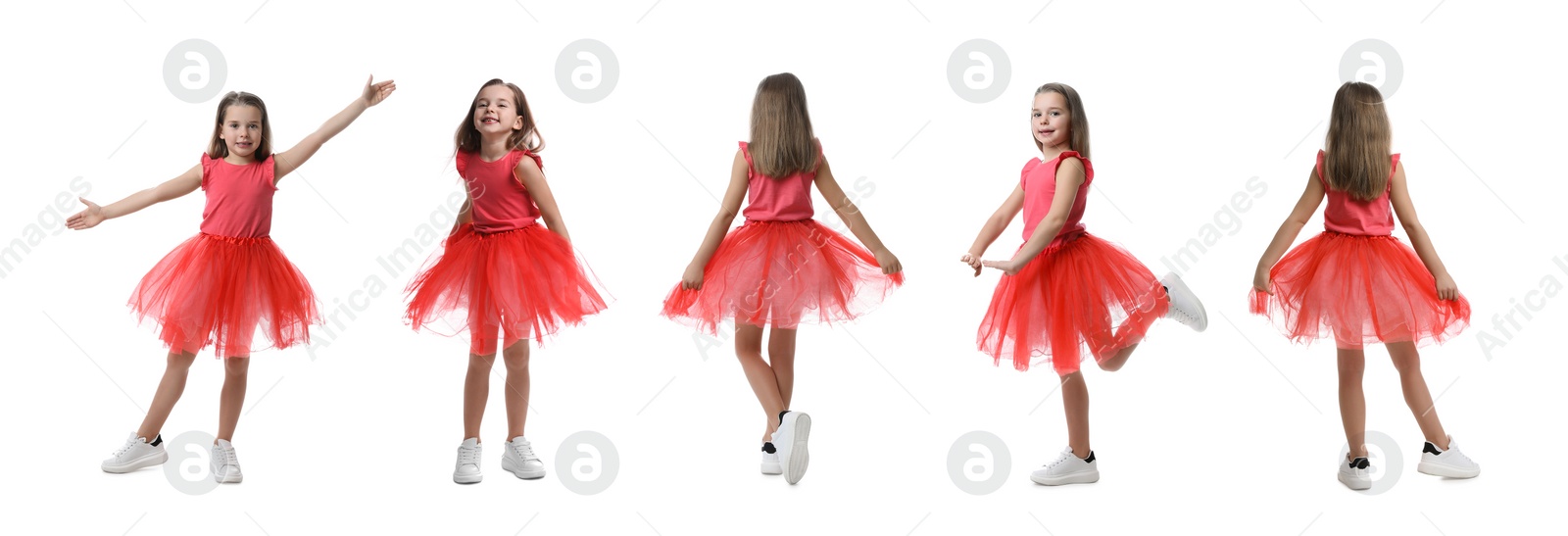 Image of Cute little girl in tutu skirt dancing on white background, set of photos