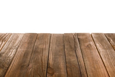 Photo of Empty wooden table surface on white background