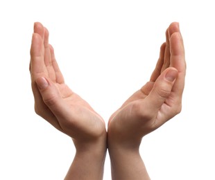 Photo of Woman holding something in hands on white background, closeup