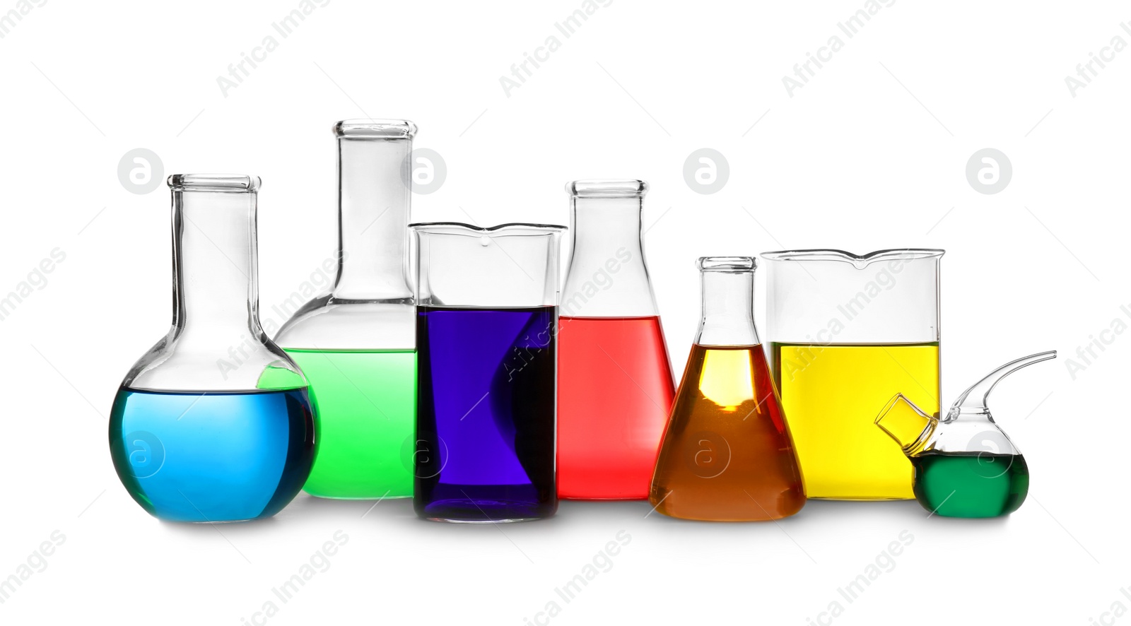 Photo of Laboratory glassware with different samples on white background. Solution chemistry