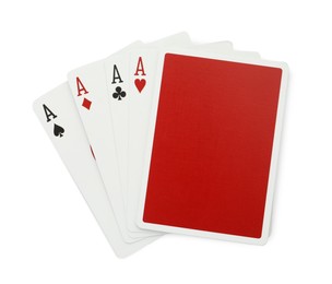 Photo of Four aces and other playing cards isolated on white, top view. Poker game