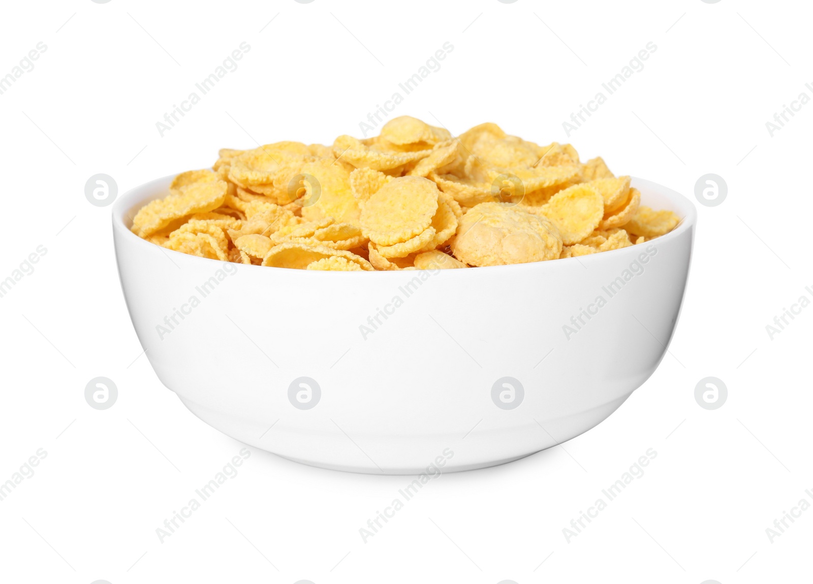 Photo of Breakfast cereal. Tasty corn flakes in bowl isolated on white