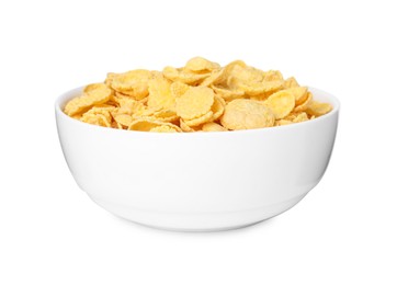 Photo of Breakfast cereal. Tasty corn flakes in bowl isolated on white