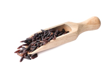 Photo of Scoop with uncooked black rice on white background