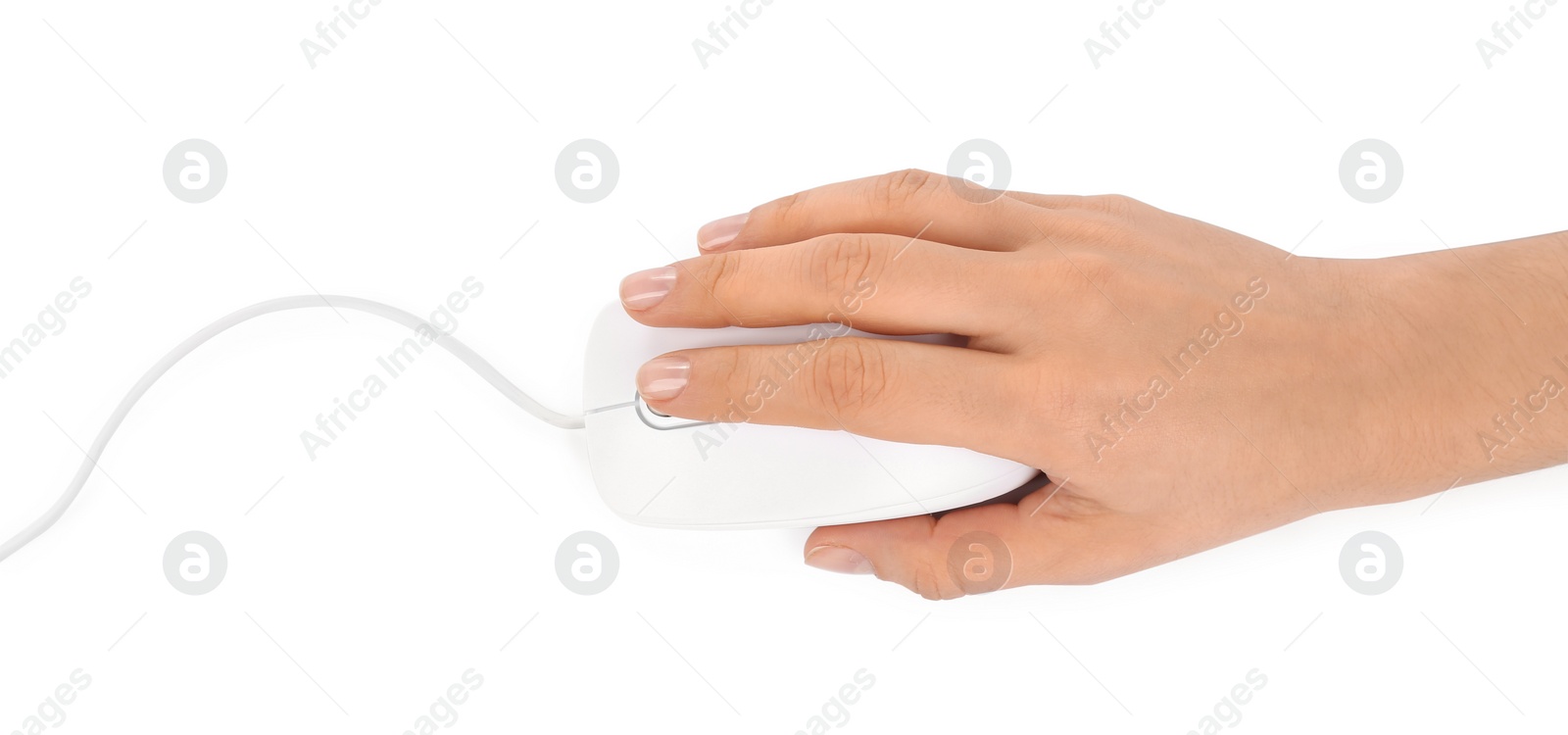 Photo of Woman using modern wired optical mouse isolated on white, top view