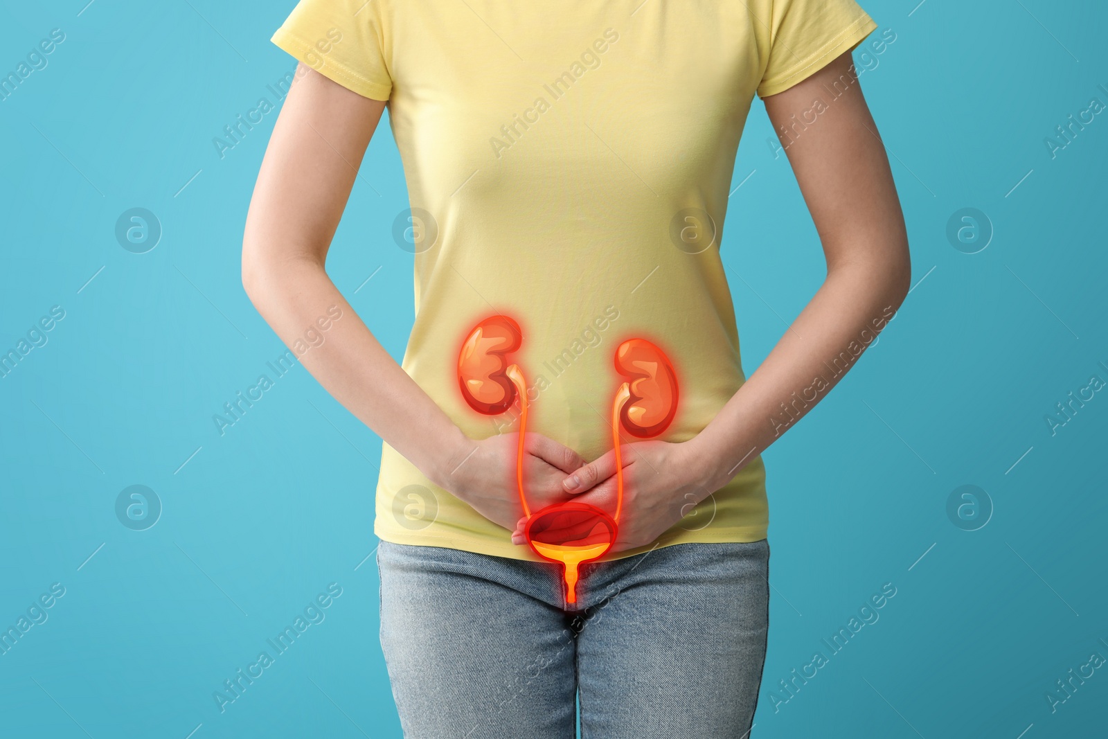 Image of Woman suffering from cystitis on light blue background, closeup. Illustration of urinary system
