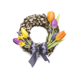Willow wreath with different beautiful flowers and grey bow on white background, top view