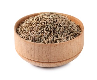 Photo of Bowl of aromatic caraway (Persian cumin) seeds isolated on white