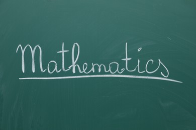 Photo of Word Mathematics written with chalk on green board