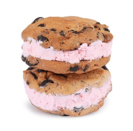 Photo of Sweet delicious ice cream cookie sandwiches on white background